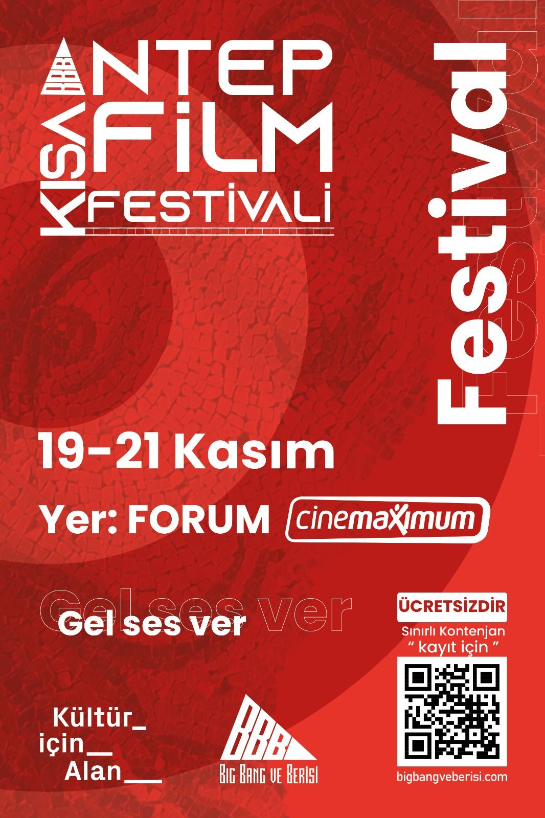 Antep Kısa Film Festivali 2021 afişi: kırmızı mozaik zemin, 19–21 Kasım, Forum Cinemaximum