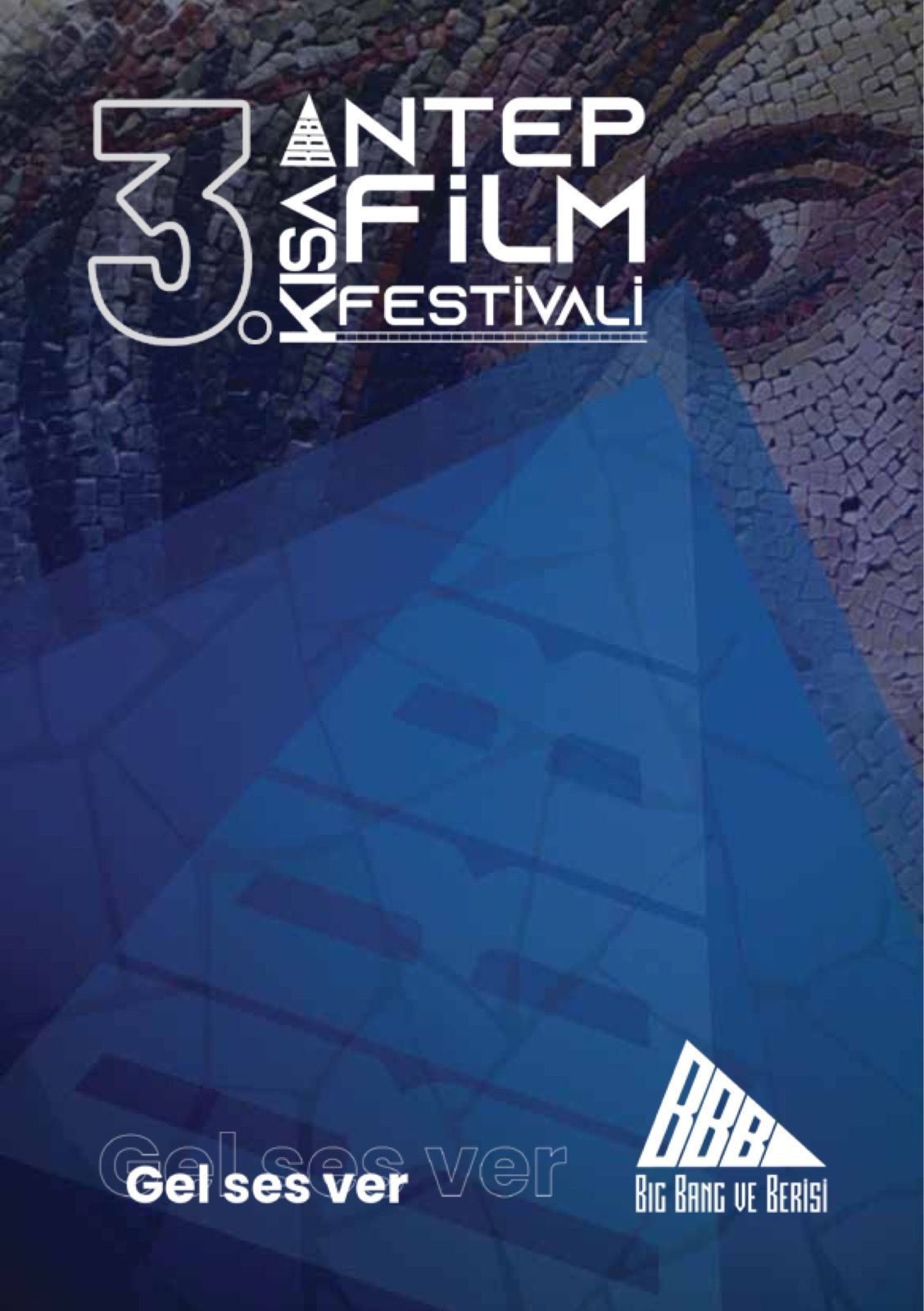 3. Antep Kısa Film Festivali afişi: lacivert mozaik zeminde bir göz ve BBB üçgeni